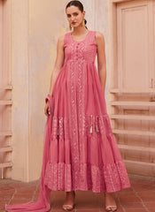 Pink Multi Embroidered Georgette Indowestern Outfit