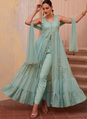 Sky Blue Multi Embroidered Georgette Indowestern Outfit