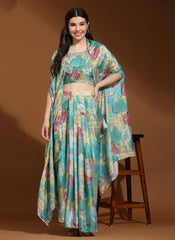 Blue Digital Printed Ready to wear Chinon Indowestern Outfit