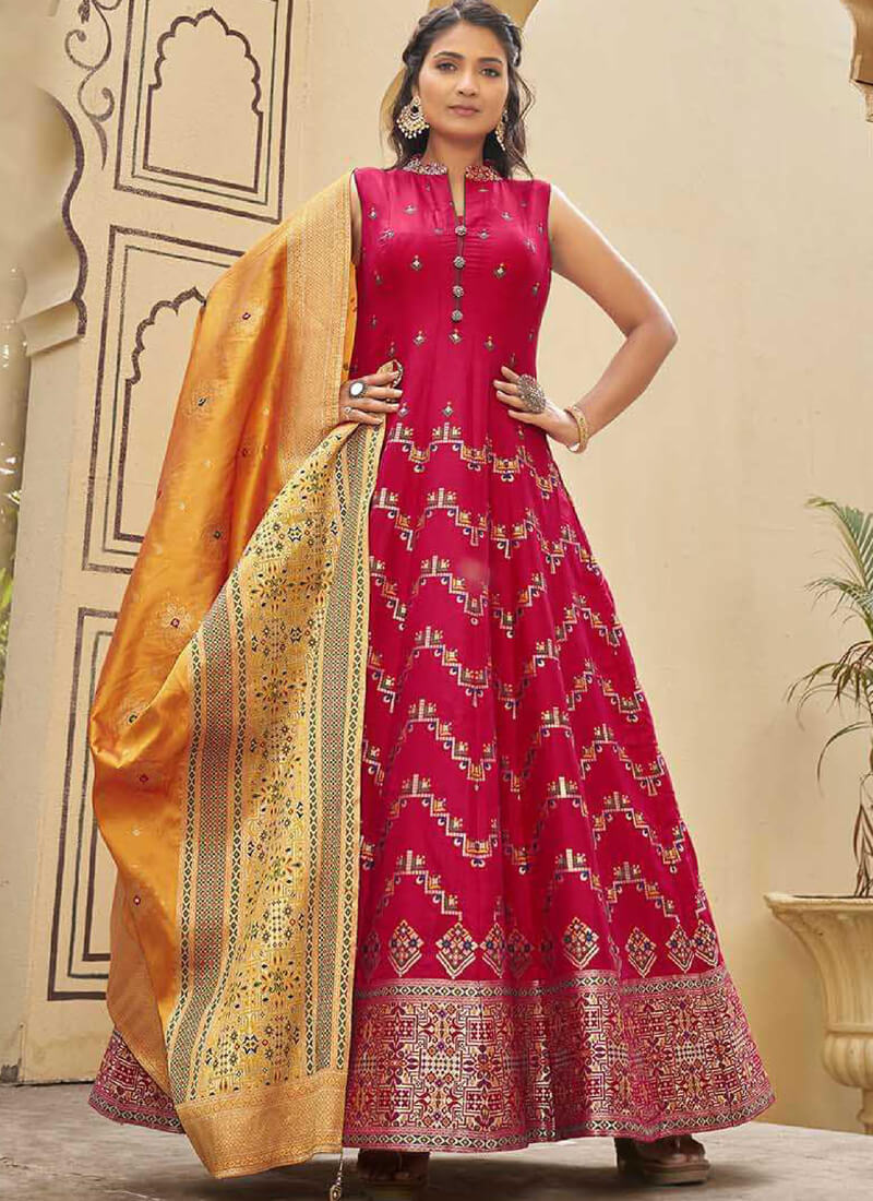 Designer Ready to Wear Red and Yellow Jacquard Gown - nirshaa