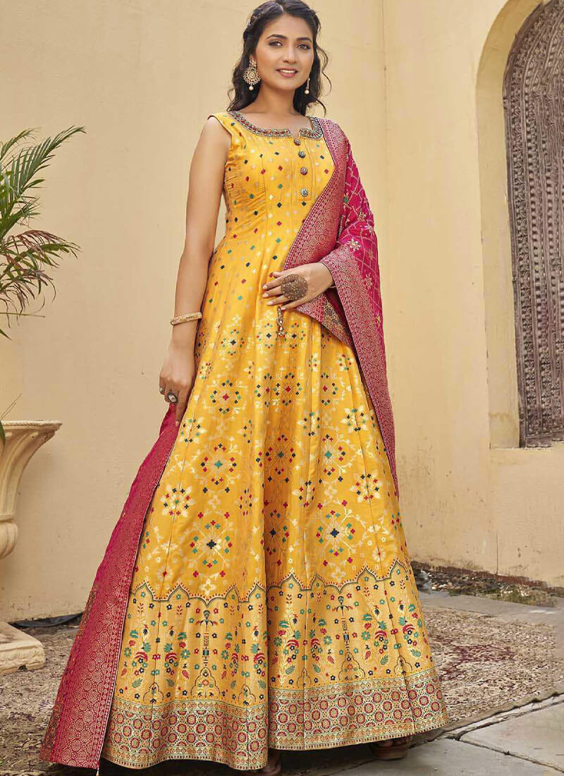 Designer Ready to Wear Yellow and Red Jacquard Gown - nirshaa
