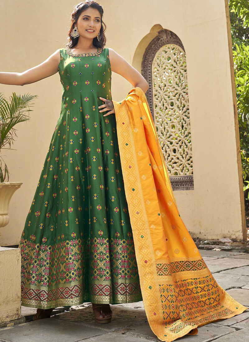 Designer Ready to Wear Green and Yellow Jacquard Gown - nirshaa