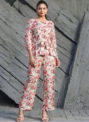 White Floral Digital Printed Ready to Wear Muslin co-ord set
