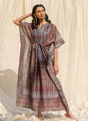 Grey Floral Print Soft Silk ready to wear Kaftan
