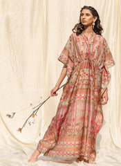 Cream and Orange Floral Print Soft Silk ready to wear Kaftan