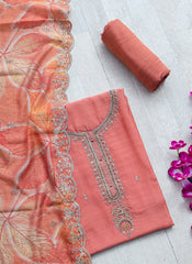 Peach Embroidered Muslin Dress Material