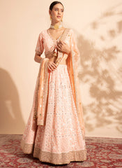 Designer Peach Sequins Embroidery Georgette Lehenga Choli