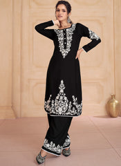 Black-White Thread Embroidery Premium Silk Pakistani Pant Style Suit