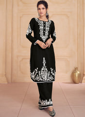 Black-White Thread Embroidery Premium Silk Pakistani Pant Style Suit