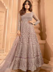 Pastel Mauve Party Wear Net Anarkali Suit Featuring Shamita Shetty