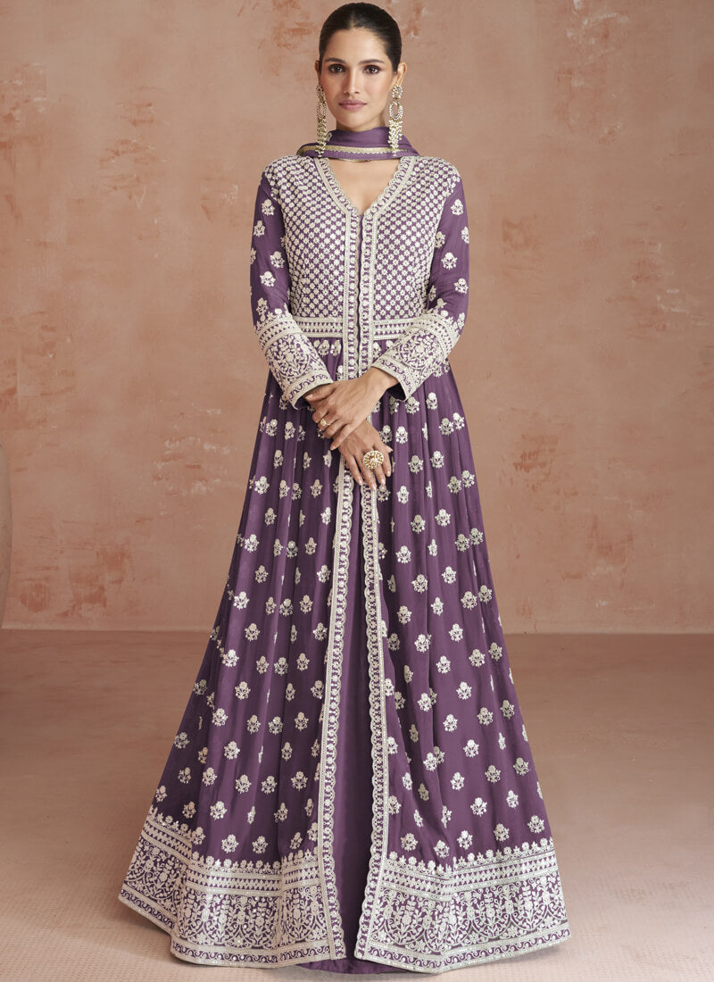 Splendid Purple Embroidered Anarkali Lehenga Style Suit - nirshaa