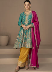 Firozi , Yellow and Rani Embroidered Chinon Silk Pankistani Style Suit - nirshaa