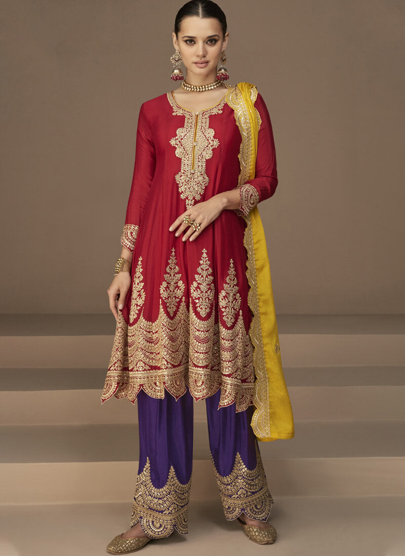 Red , Purple and Yellow Embroidered Chinon Silk Pankistani Style Suit - nirshaa