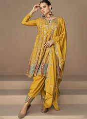 Yellow Embroidered Chinon Silk Pankistani Style Suit - nirshaa