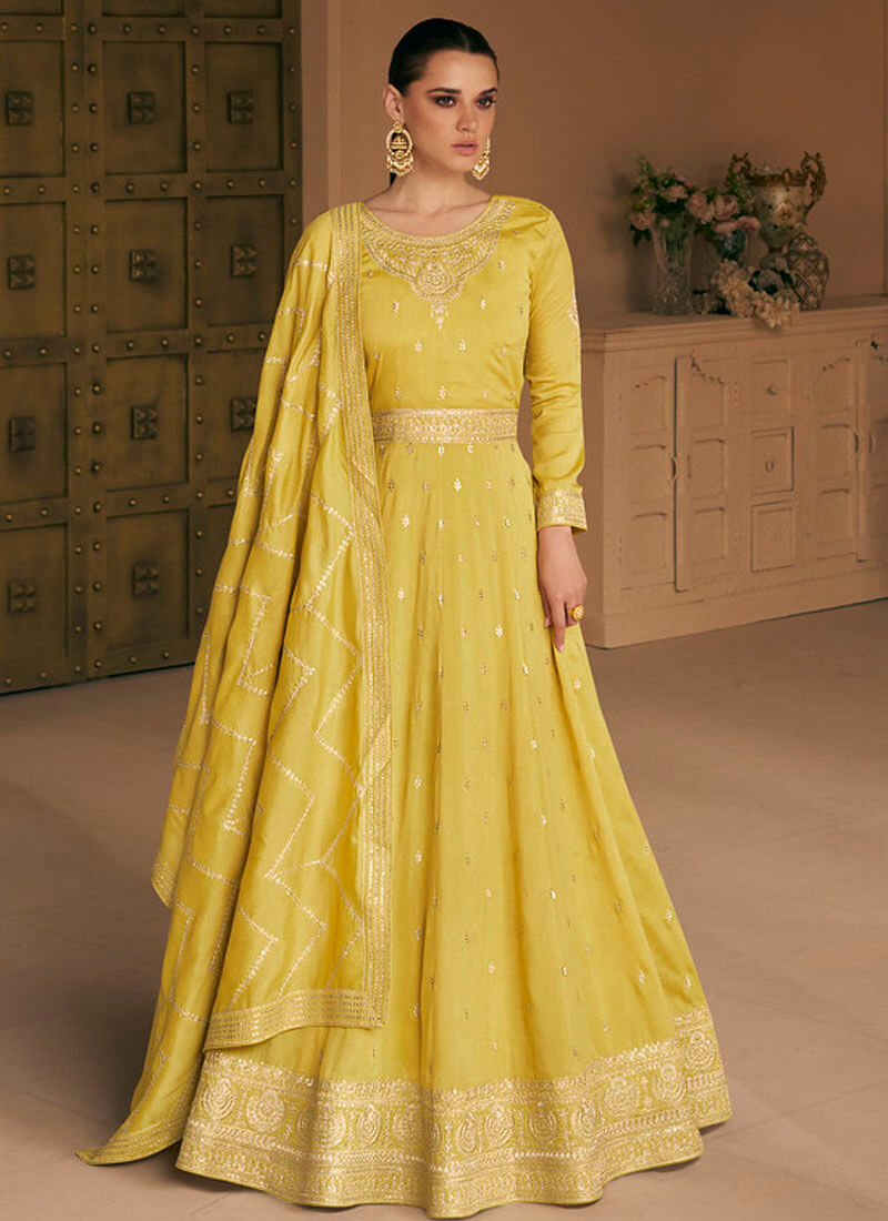 Radiant Yellow Silk Party Wear Anarkal Suit - nirshaa
