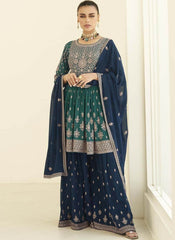 Teal Blue and Navy Blue Gerogette Party Wear Sharara Style Suit - nirshaa