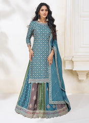 Blue Embroidered Chinon Silk Straight Cut Suit with Lehenga