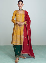 Yellow , Green and Red Premium Silk Anarkali Suit