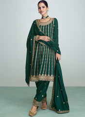 Dark Green Embroidered Premium Silk Anarkali Suit