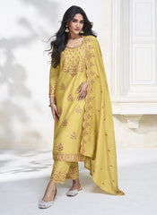 Yellow Embroidered Premium Silk Straight Cut Suit with Palazzo