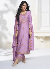 Purple Embroidered Premium Silk Straight Cut Suit with Palazzo