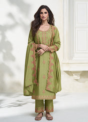 Green Embroidered Premium Silk Straight Cut Suit with Palazzo