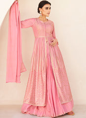 Baby Pink Embroidered Chinon Silk Anarkali Suit with Lehenga