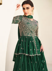 Bottle Green Embroidered Chinon Silk Lehenga Set