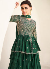 Bottle Green Embroidered Chinon Silk Lehenga Set