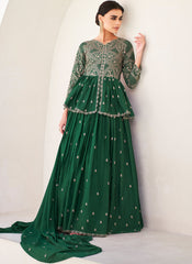 Bottle Green Embroidered Chinon Silk Lehenga Set