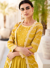 Yellow Embroidered Chinon Silk Jacket Style Anarkali Suit