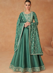 Rama Green Embroidered Silk Anarkali Suit