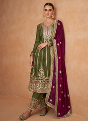 Olive Green and Magenta Embroidered Chinon Silk Suit