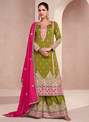 Green and Pink Party Wear Silk Straight Cut Suit with Palazzo