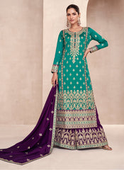 Firozi and Purple Party Wear Silk Straight Cut Suit with Palazzo