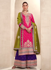 Pink , Green and Purple Party Wear Silk Straight Cut Suit with Palazzo