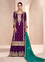 Purple and Firozi Party Wear Silk Straight Cut Suit with Palazzo