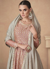 Peach and Grey Embroidered Premium Chinon Sharara Style Suit