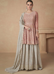 Peach and Grey Embroidered Premium Chinon Sharara Style Suit