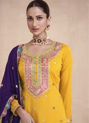 Yellow and Multicolor Premium Silk Lehenga Style Suit