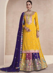 Yellow and Multicolor Premium Silk Lehenga Style Suit