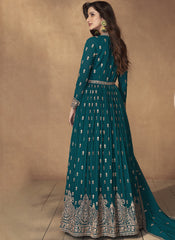 Firozi Blue Embroidered Georgette Lehenga Style Suit