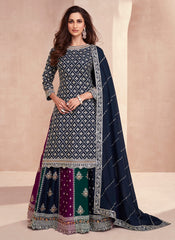 Navy Blue with Multicolor embroidered Chinon Silk Lehenga Style Suit