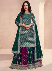 Dark Green with Multicolor embroidered Chinon Silk Lehenga Style Suit