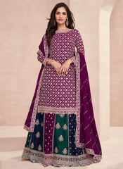 Purple with Multicolor embroidered Chinon Silk Lehenga Style Suit
