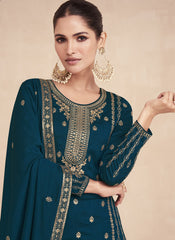 Teal Blue Embroidered Palazzo Style Silk Suit