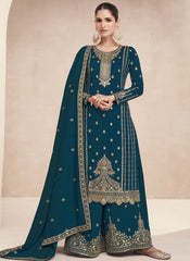 Teal Blue Embroidered Palazzo Style Silk Suit