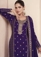 Purple Embroidered Palazzo Style Silk Suit
