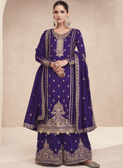 Purple Embroidered Palazzo Style Silk Suit