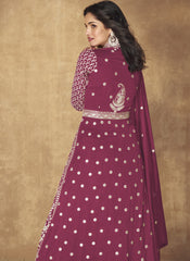 Maroon-Magenta Embroidered Silk Anarkali Suit with a Lehenga